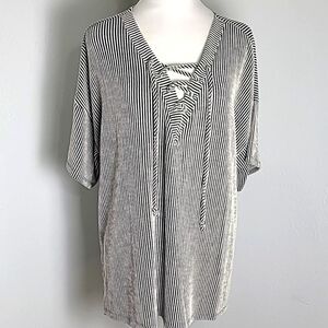 Cato Black & White Stripe Top with Lace-up Neckline, Size 14/16W